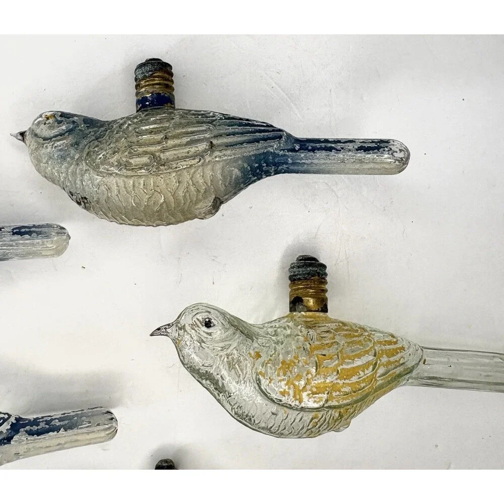 Bird Light Bulb Ornament Clear Glass Painted Blue Old• 5 Pc • Christmas Vintage